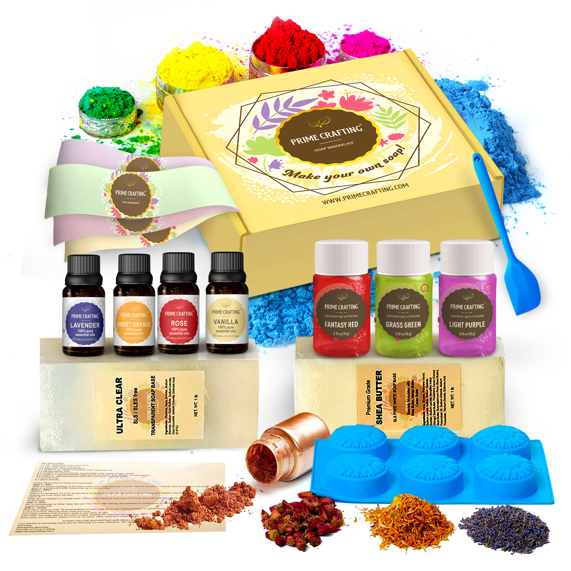 DIY Soap Making Kit - Soap Making Supplies with 1lb Shea Butter Soap Base & 1lb Ultra Clear Soap Base, 4 Mica Powders & 4 Essential Oils – 1