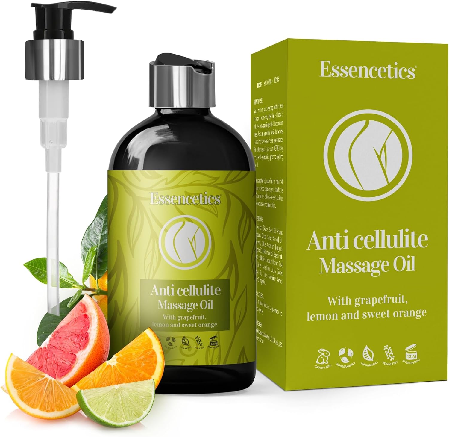 Anti Cellulite Massage Oil (8 oz) - 100% Natural Anti Cellulite Oil for Thighs and Butt Firming - Skin Tightening Oil for Loose Skin with Grapefruit, Lemon & Sweet Orange Essential Oils