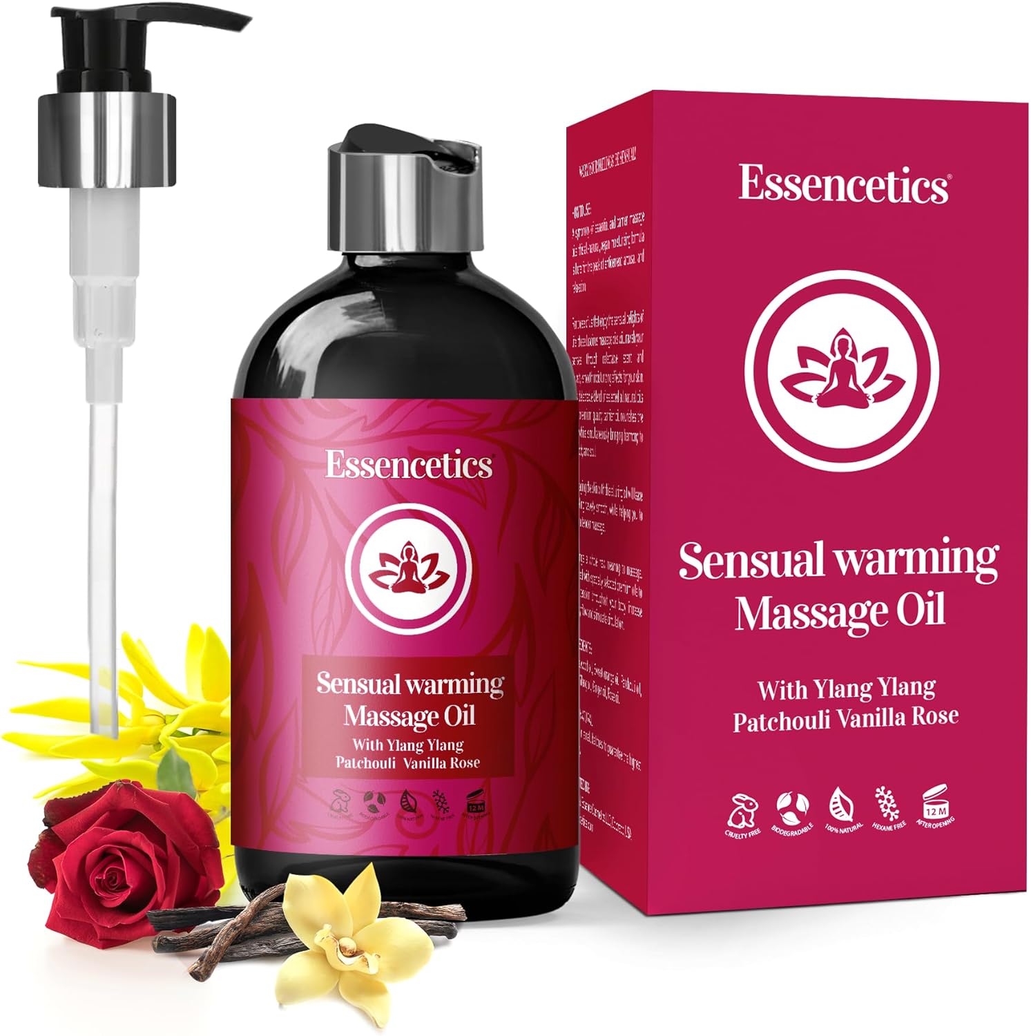 Essencetics Sensual Massage Oil for Couples, 8 Ounces - Organic Body Massage Oil for Dates and Evenings with Ylang Ylang, Patchouli, and Vanilla